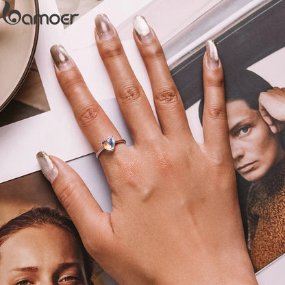 Bamoer Genuine 925 Sterling Silver Sparkling Heart Ring for Women Eternity Band Simple Silver Ring Fine Jewelry Engagement Gift