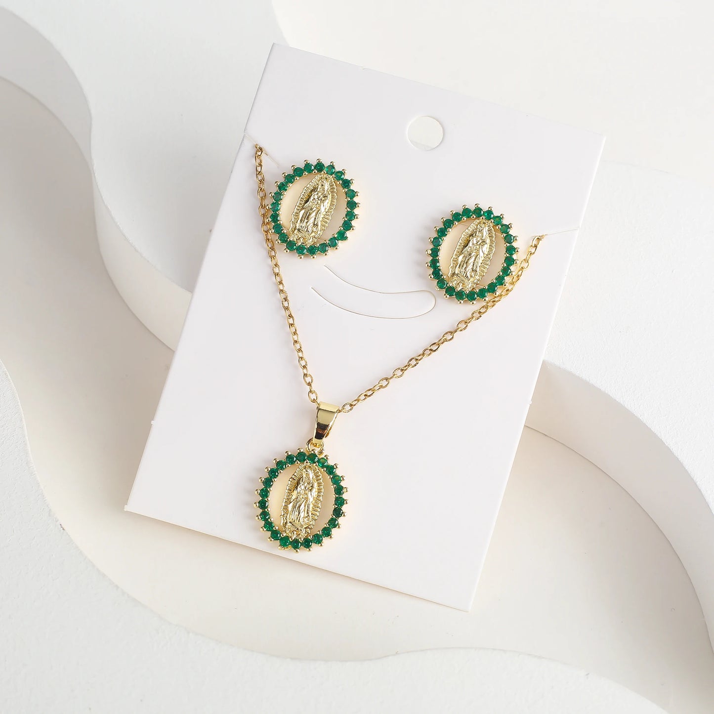 Classic Anti-Allergic Maria Pendant Necklace Set High Quality Zirconia 18K Gold Plated Stud Earrings Women Girls Religious Gifts