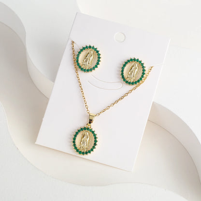 Classic Anti-Allergic Maria Pendant Necklace Set High Quality Zirconia 18K Gold Plated Stud Earrings Women Girls Religious Gifts
