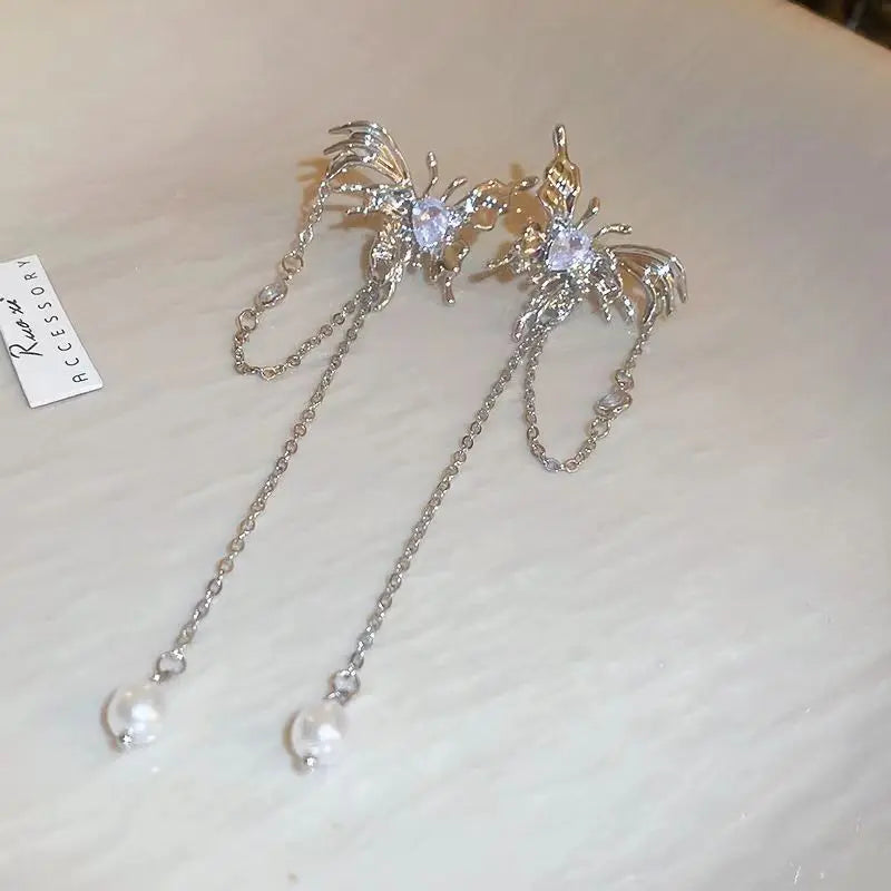 Fashion Zircon Pearl Tassel Earrings for Women 2024 New Liquid Metal Long Chain Elf Butterfly Statement Earrings Party Jewelry