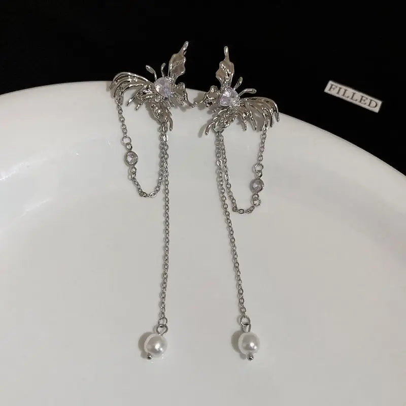 Fashion Zircon Pearl Tassel Earrings for Women 2024 New Liquid Metal Long Chain Elf Butterfly Statement Earrings Party Jewelry