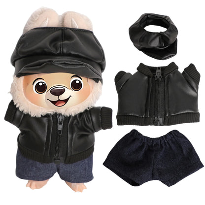 For 17cm Labubu Girl Dolls Black Leather Jacket + Jeans +Hat Clothes Suit Cute Punk Clothing For V1 V2 V3 Labubu,Cotton Doll Toy