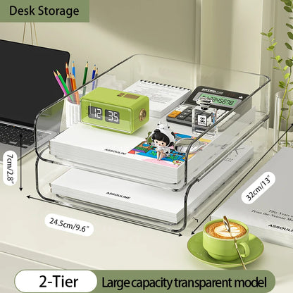4-Tier Stackable Paper Tray Organizer for Desk with Detachable Hanging Pen Cup - Durable PET Desktop Paper Organizer Brown
