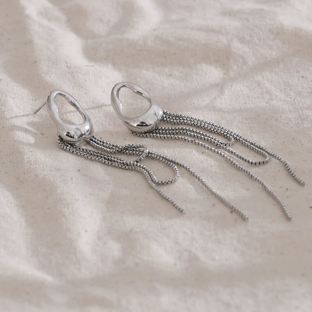 NiNice Temperament Stainless Steel Metal Tassel Chain Long Hanging Drop Earrings Girl's Daily Wear Trending Jewelry Recommend