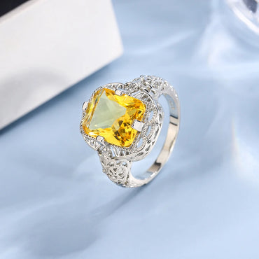 Ladies 925 Silver Plated High-grade Moissanite Citrine Hollow Wedding Engagement Ring High-end Jewelry Luxury Ladies Ring