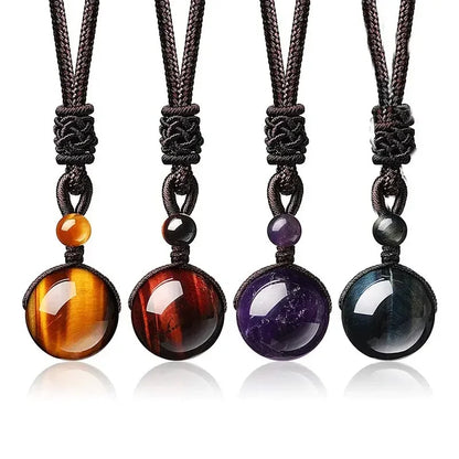 16 Mm Black Obsidian Tiger Eyes Amethyst Stone with Adjustable Braided Rope Cords Natural Crystal Pendant Women Men Necklaces