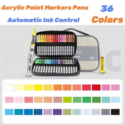Acrylic Paint Markers Set,Automatic Ink Control, With Portable Handbags ,Brush Tip, for Rock Painting, Ceramic, Wood, Canvas