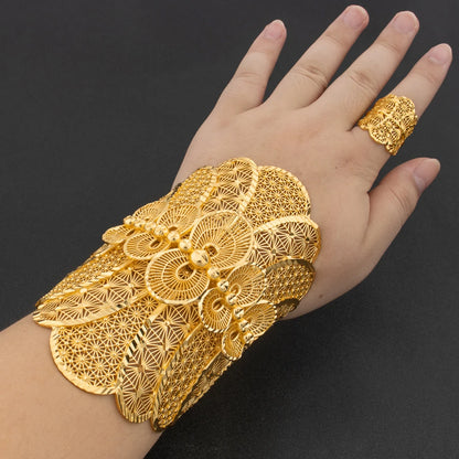 Arab Luxury Gold Plated Bracelet Ring Copper Large Bangle Jewelry Set for Women Adjustable Ring Design Fashion Wedding Jewelry