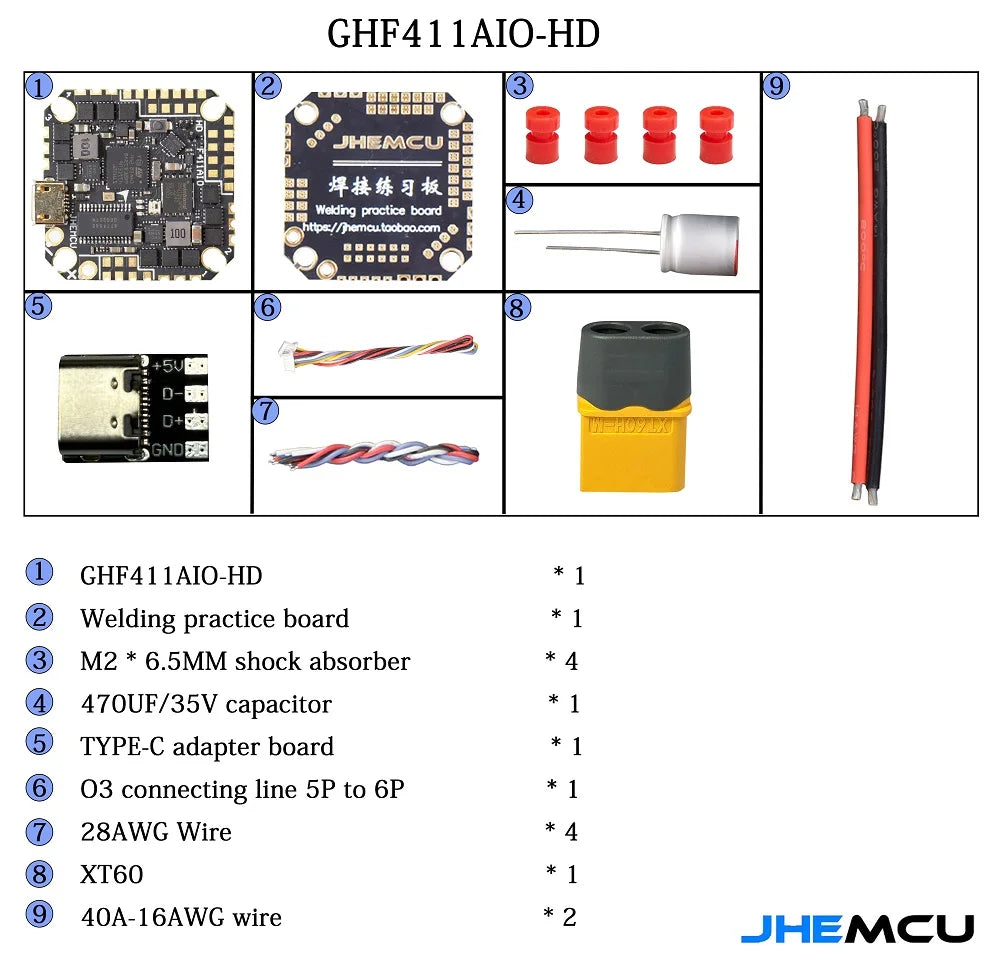 JHEMCU GHF411AIO-HD OSD Flight Controller BLheli_S 40A 3-6S 4in1 Brushless ESC for Toothpick RC FPV Racing Drone