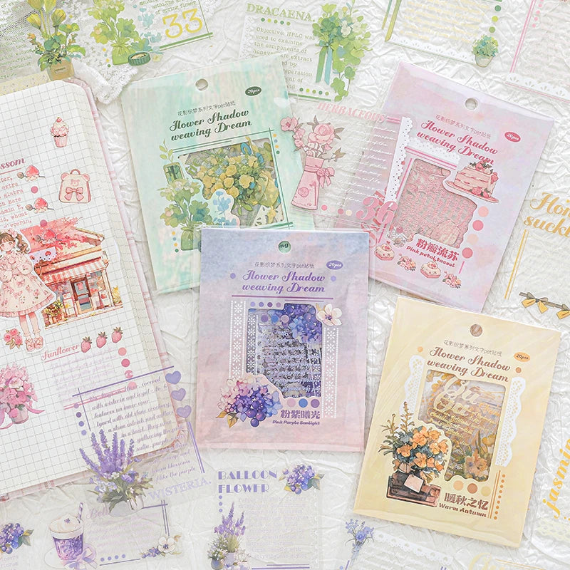 20 pcs/pack INS English Text Flowers Material Collage PET Sticker Creative DIY Collage Decor Junk Journal Aesthetics Stationery
