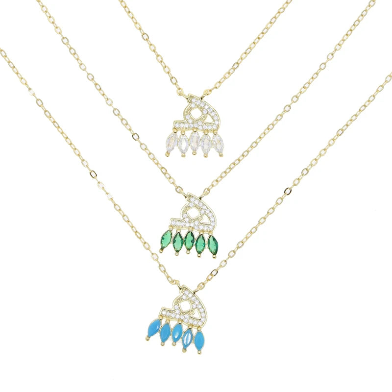 Total 31 Different Shape Arabic Letter Pendant Necklaces for Women Paved Green White Cz and Turquoise Gold Color Fashion Jewelry