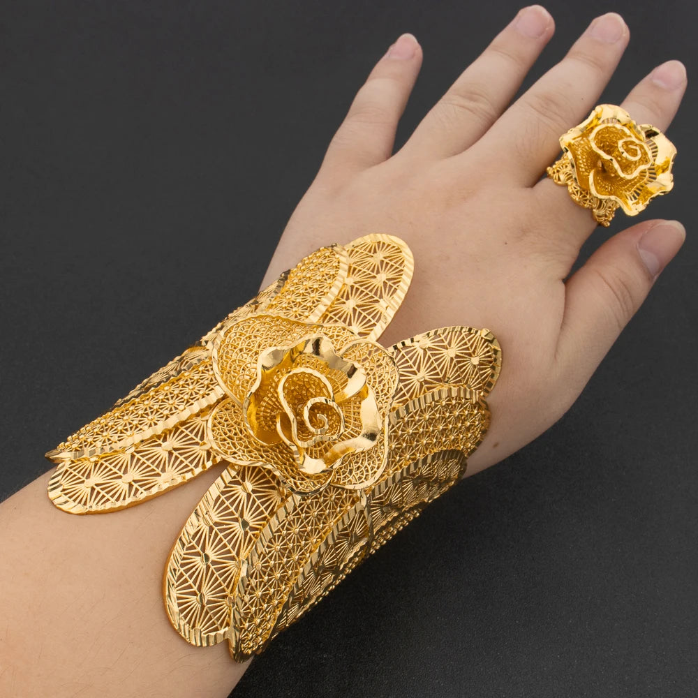 Arab Luxury Gold Plated Bracelet Ring Copper Large Bangle Jewelry Set for Women Adjustable Ring Design Fashion Wedding Jewelry