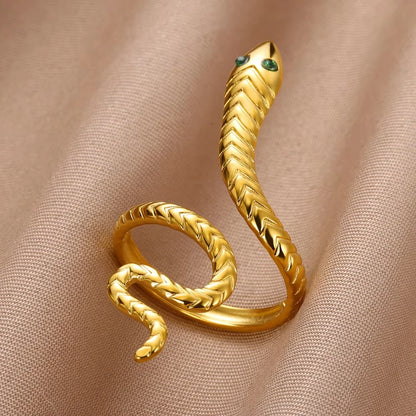 Gold Plated Stainless Steel Green Zircon Snake Rings For Women Men Open Adjustable Finger Ring Vintage Gothic Aesthetic Jewelry