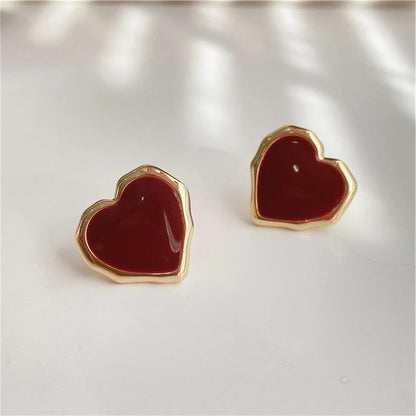 Big Peach Red Heart Stud Earrings for Women Korean Simple Fashion Enamel Cute Geometry Jewelry Accessories Gift