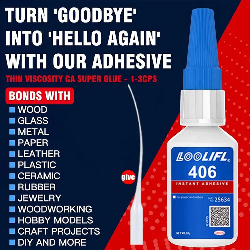 LOOLIFL 406 Instant Glue, Cyanoacrylate, Super Glue, 5 seconds fast drying, for toys crafts shoes paper fast repair,1-3pcs，20ml