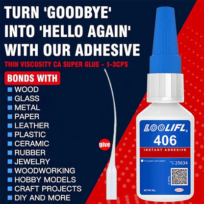 LOOLIFL 406 Instant Glue, Cyanoacrylate, Super Glue, 5 seconds fast drying, for toys crafts shoes paper fast repair,1-3pcs，20ml