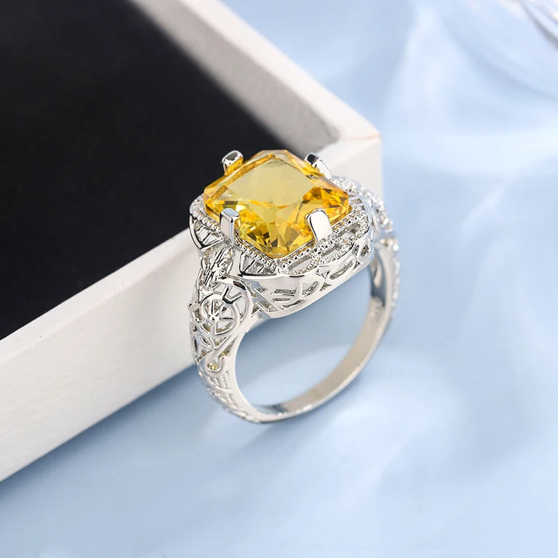 Ladies 925 Silver Plated High-grade Moissanite Citrine Hollow Wedding Engagement Ring High-end Jewelry Luxury Ladies Ring