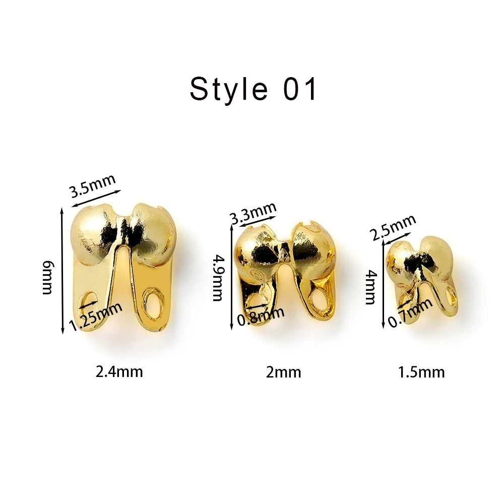 100Pcs/Lot Real Gold Plated Connector Clip Clasp Fitting Ball Chain Calotte End Crimp Bead Component for DIY Jewelry Making