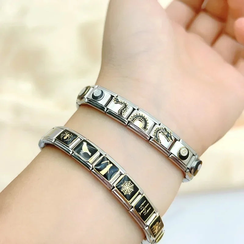 2025 Fashion Gothic Dark Dragon Elastic Italian Charm Links Fit 9mm Modular Bracelet Stainless Steel Elastic DIY Jewelry