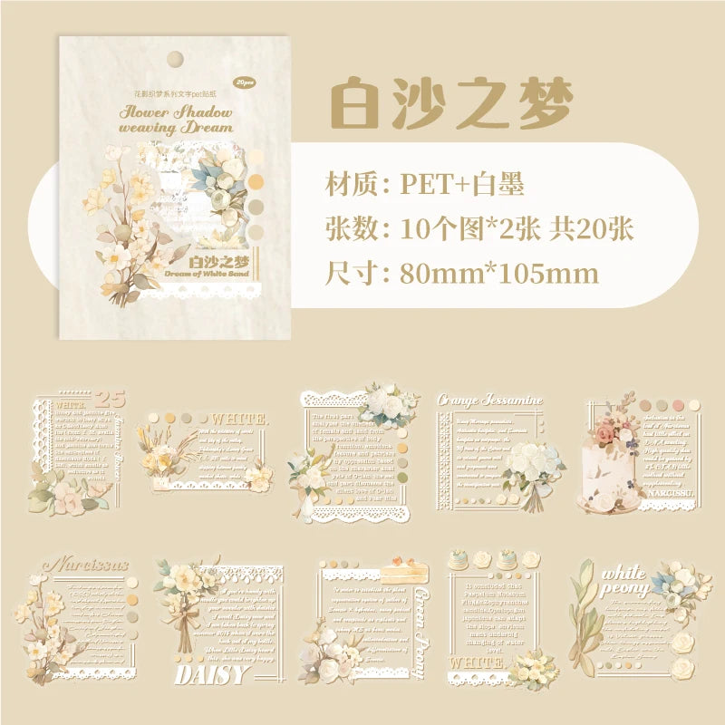 20 pcs/pack INS English Text Flowers Material Collage PET Sticker Creative DIY Collage Decor Junk Journal Aesthetics Stationery