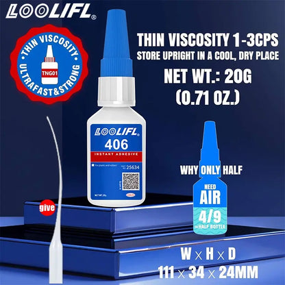 LOOLIFL 406 Instant Glue, Cyanoacrylate, Super Glue, 5 seconds fast drying, for toys crafts shoes paper fast repair,1-3pcs，20ml