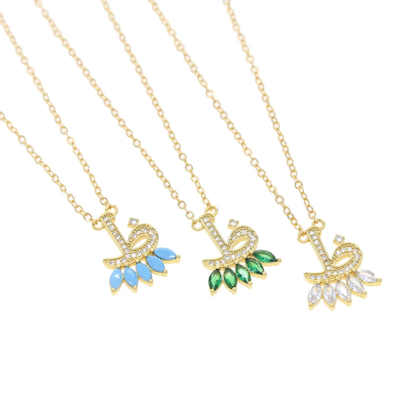 Total 31 Different Shape Arabic Letter Pendant Necklaces for Women Paved Green White Cz and Turquoise Gold Color Fashion Jewelry