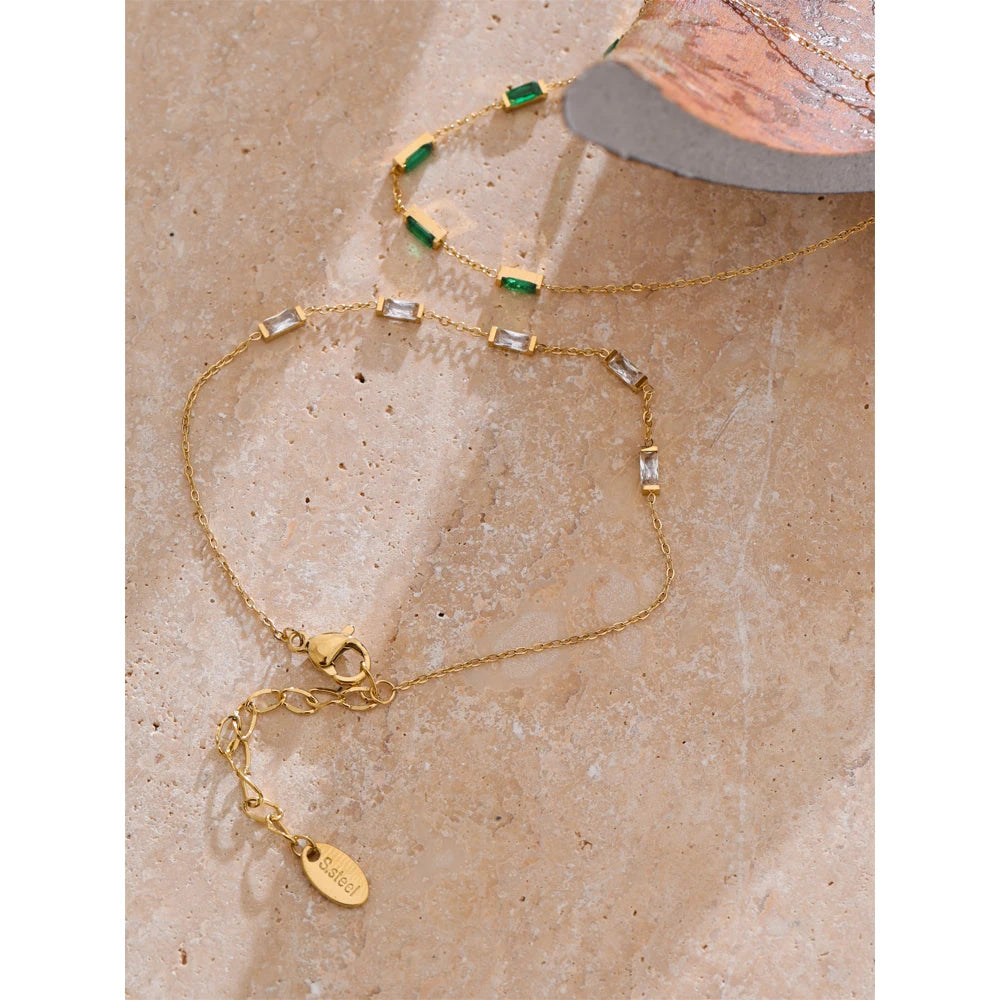 Yhpup New White Green Shiny Cubic Zirconia Chain Necklace Bracelet Bangle High-Grade Stainless Steel Premium Jewelry Gift