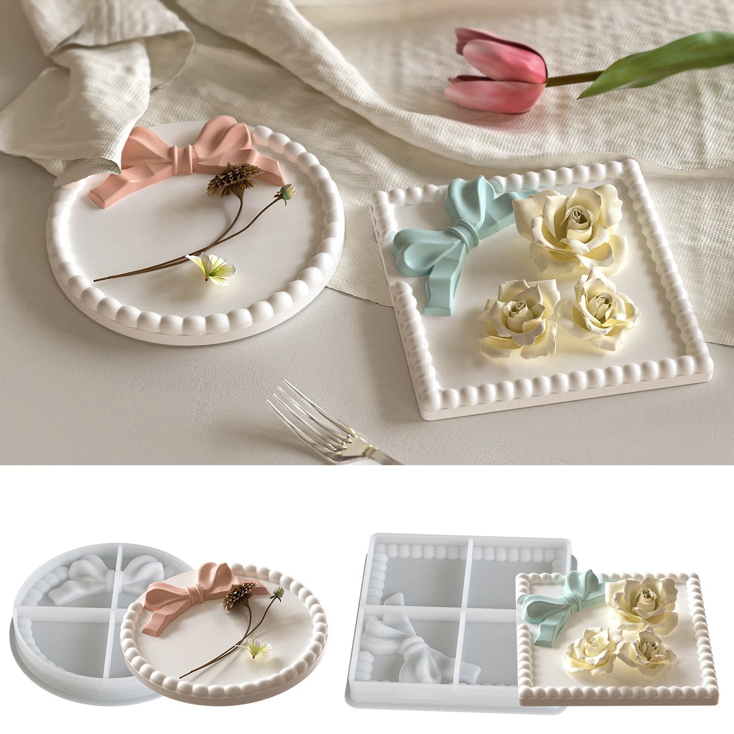 DIY Bow Bubble Tray Coaster Silicone Mold Plaster Epoxy Concrete Cement Mould Handicrafts Gift Jewelry Storage Tray Home Decor
