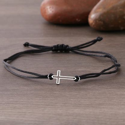 Stainless Steel Bracelets Gothic Hollow Cross Hand Braided Lucky Black Red Rope Fashion Charm Bracelet For Women Jewelry Gifts