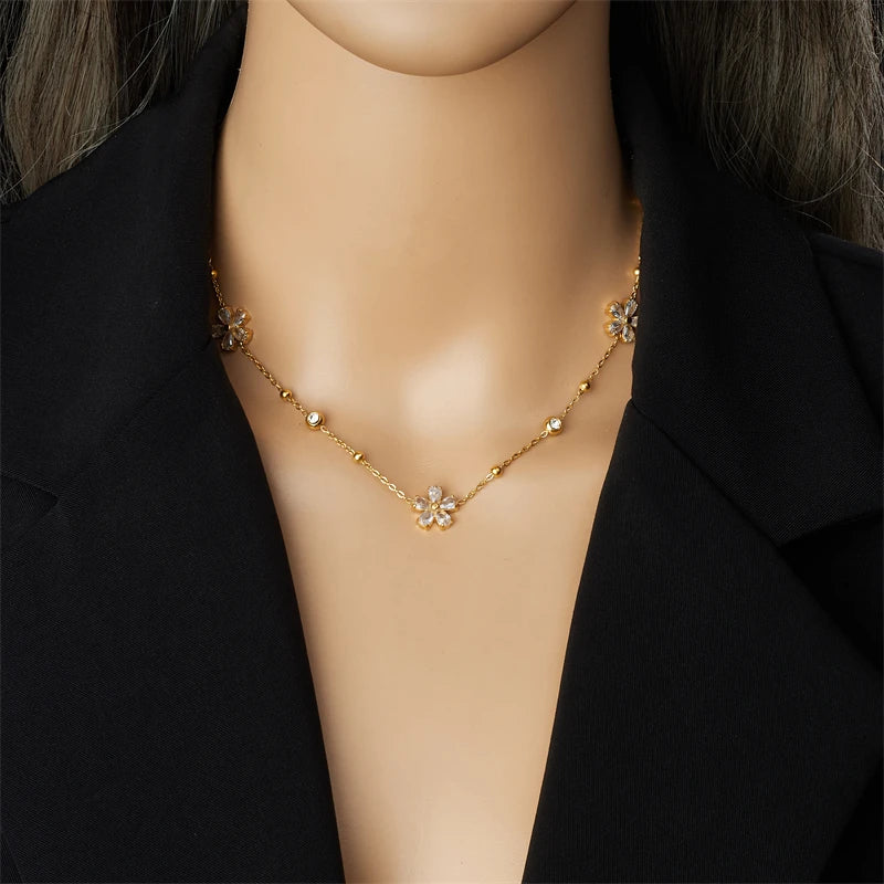 DIEYURO 316L Stainless Minimalist Rhinestone Daisy Necklace Earrings Bracelet Suit Women Trend Non-fading Flowers Jewelry Set