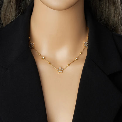 DIEYURO 316L Stainless Minimalist Rhinestone Daisy Necklace Earrings Bracelet Suit Women Trend Non-fading Flowers Jewelry Set