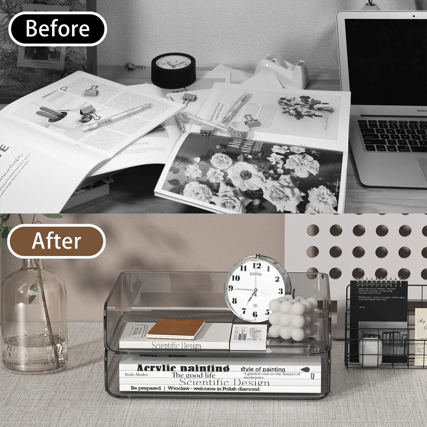 4-Tier Stackable Paper Tray Organizer for Desk with Detachable Hanging Pen Cup - Durable PET Desktop Paper Organizer Brown