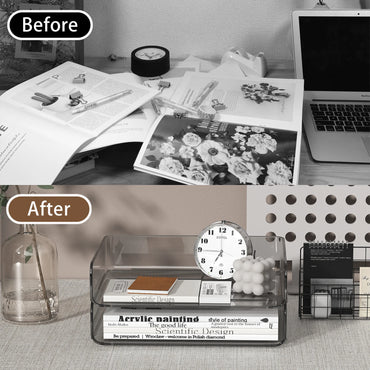 4-Tier Stackable Paper Tray Organizer for Desk with Detachable Hanging Pen Cup - Durable PET Desktop Paper Organizer Brown