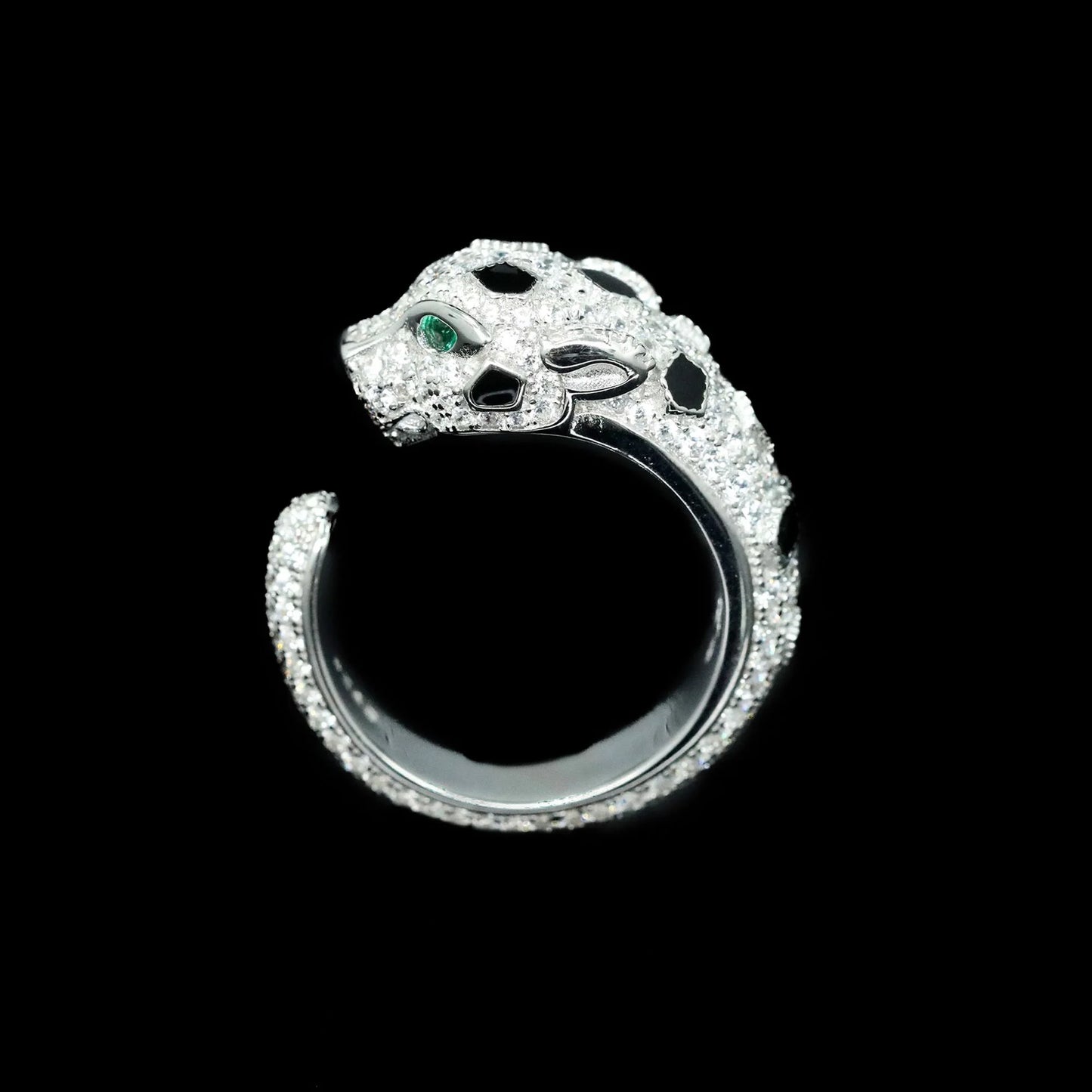 TLS 925 Sterling Silver Rhodium Plated High Carbon Diamond Cheetah Emerald Trendy Cool Ring for Gift