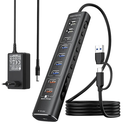 RSHTECH 60W Powered USB Hub 10Gbps Data Transfer Aluminum USB Splitter with Fast Charging Ports USB-C PD 20W for Macbook Laptops