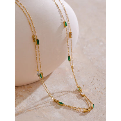 Yhpup New White Green Shiny Cubic Zirconia Chain Necklace Bracelet Bangle High-Grade Stainless Steel Premium Jewelry Gift