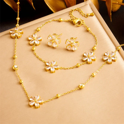 DIEYURO 316L Stainless Minimalist Rhinestone Daisy Necklace Earrings Bracelet Suit Women Trend Non-fading Flowers Jewelry Set