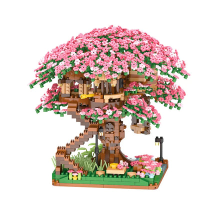 Mini Sakura Tree House Building Blocks Trains With Lights DIY Model City Street View Cherry Blossom House Bricks Kids Toys Gift