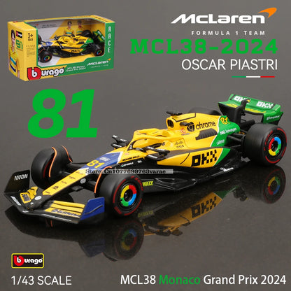 Bburago 1:43 2024 F1 Mclaren MCL38 Monaco Grand Prix Alloy Car Miniature Diecast Model #4 Lando Norris #81 Oscar Piastri Toy