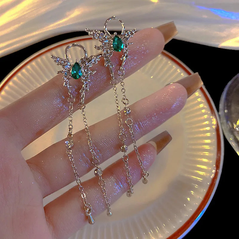 Fashion Zircon Pearl Tassel Earrings for Women 2024 New Liquid Metal Long Chain Elf Butterfly Statement Earrings Party Jewelry