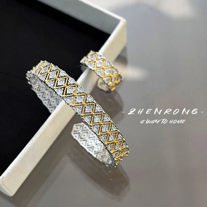 Foydjew Italian Vintage Hewelry Rhombus Carved Hollow Bracelets Bangles Ring Medieval Style Retro Jewelry Sets For Women