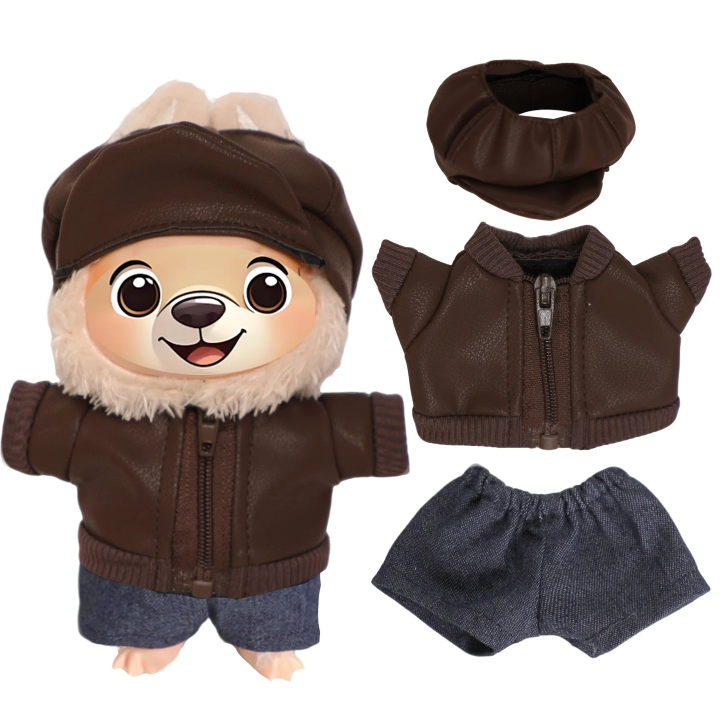 For 17cm Labubu Girl Dolls Black Leather Jacket + Jeans +Hat Clothes Suit Cute Punk Clothing For V1 V2 V3 Labubu,Cotton Doll Toy
