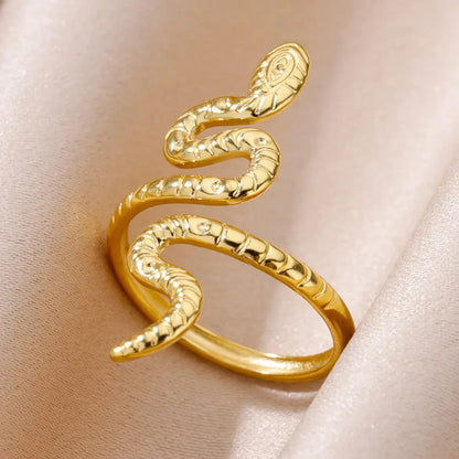 Gold Plated Stainless Steel Green Zircon Snake Rings For Women Men Open Adjustable Finger Ring Vintage Gothic Aesthetic Jewelry