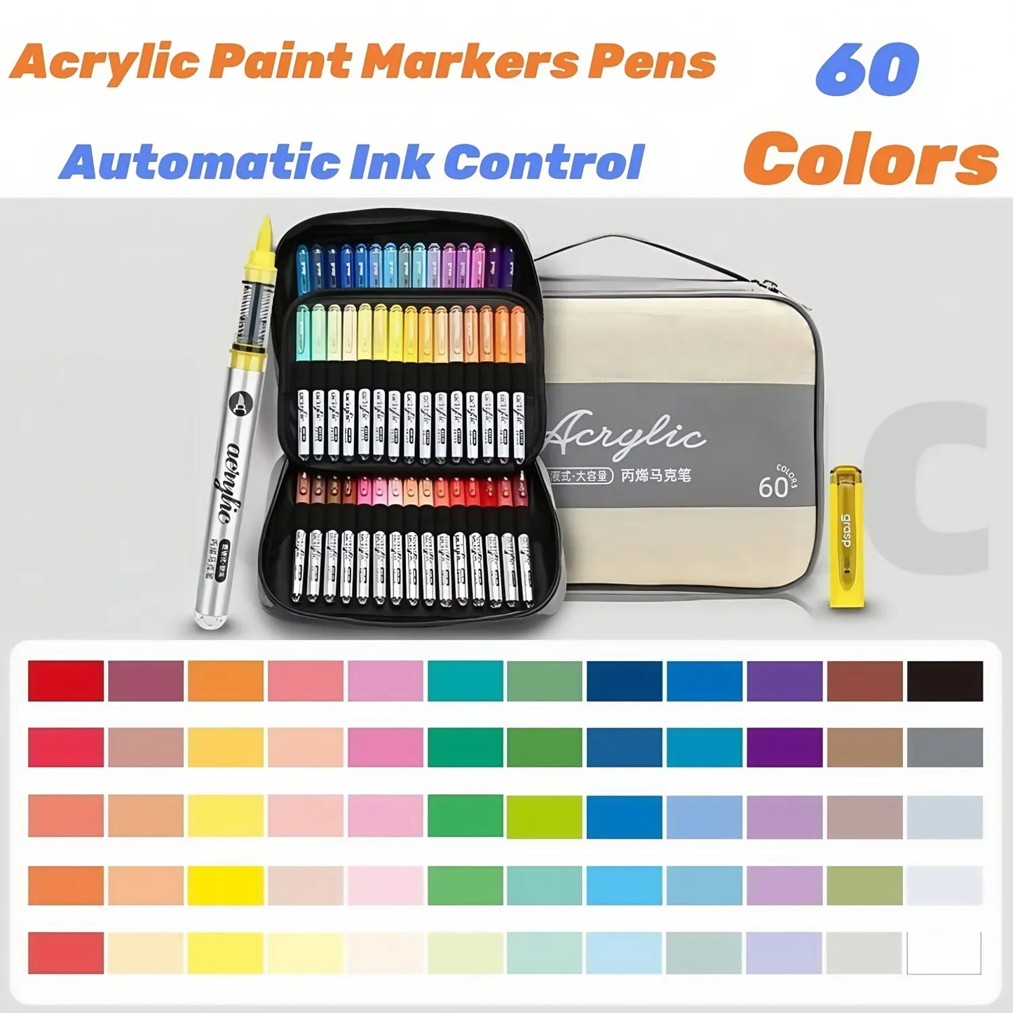 Acrylic Paint Markers Set,Automatic Ink Control, With Portable Handbags ,Brush Tip, for Rock Painting, Ceramic, Wood, Canvas