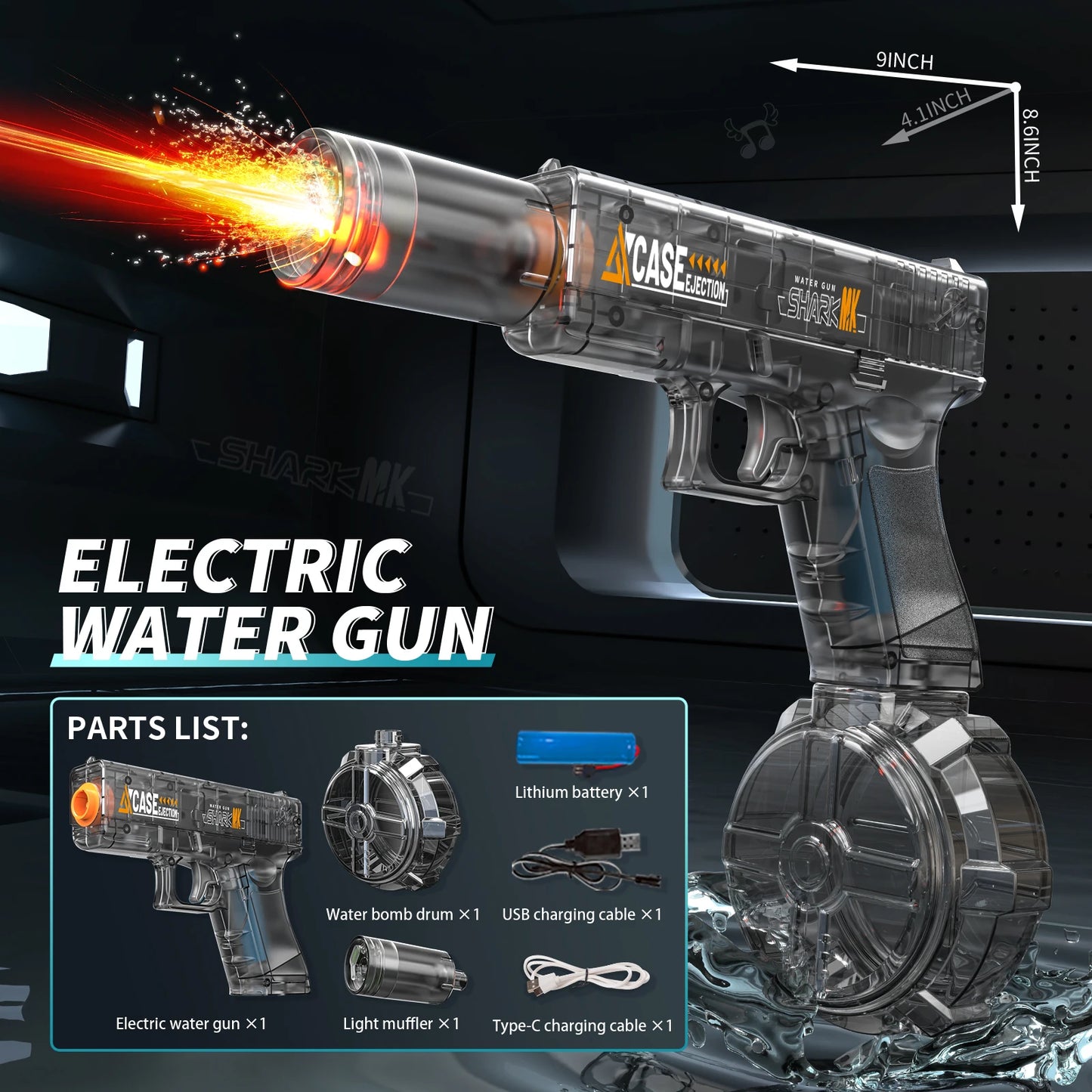 Electric Water Gun, Automatic Squirt with Pistol Realistic Gun Muzzle Flame Summer Outdoor Beach Swimming Pool Party Toy