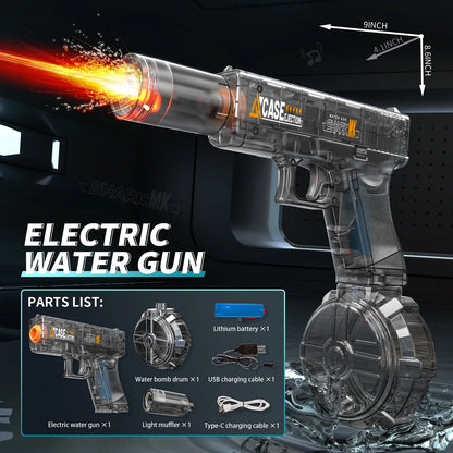 Electric Water Gun, Automatic Squirt with Pistol Realistic Gun Muzzle Flame Summer Outdoor Beach Swimming Pool Party Toy