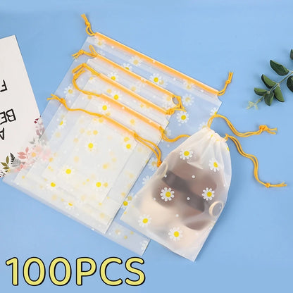 100PCS Storage Bags Waterproof EVA Drawstring Large Capacity Clothes Shoes Organizer Portable Daisy Makeup Toiletry Storage Bags