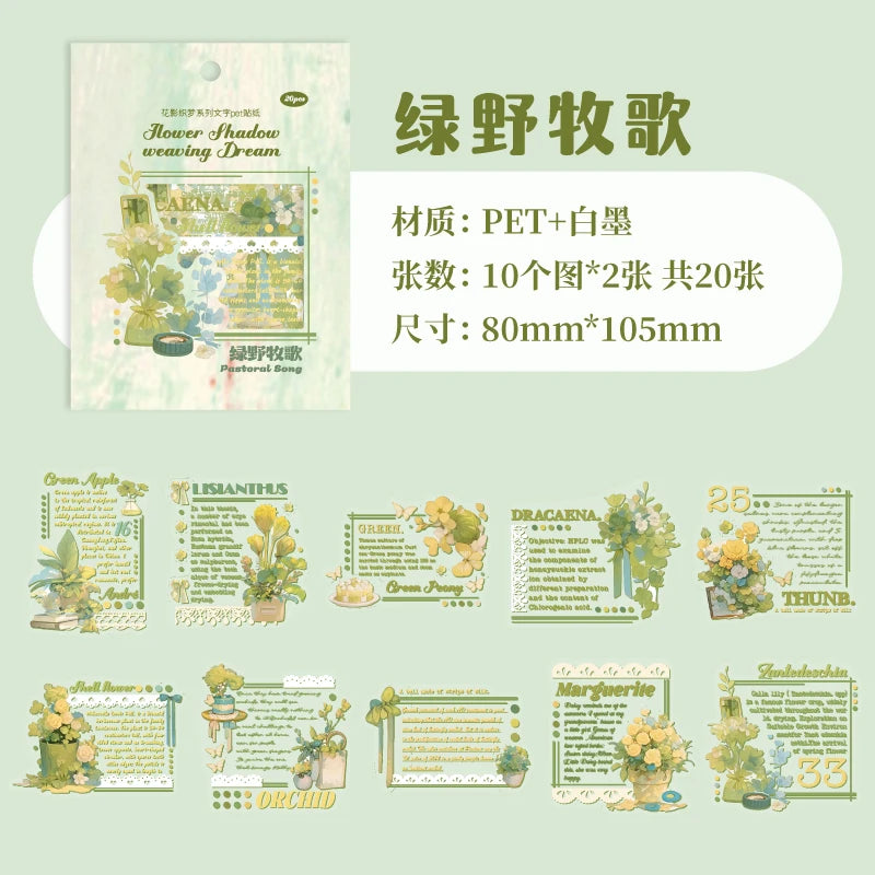 20 pcs/pack INS English Text Flowers Material Collage PET Sticker Creative DIY Collage Decor Junk Journal Aesthetics Stationery
