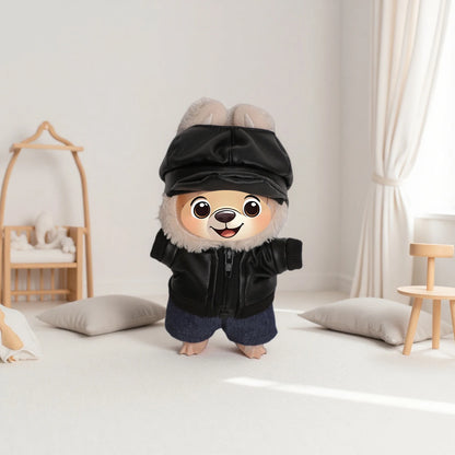 For 17cm Labubu Girl Dolls Black Leather Jacket + Jeans +Hat Clothes Suit Cute Punk Clothing For V1 V2 V3 Labubu,Cotton Doll Toy