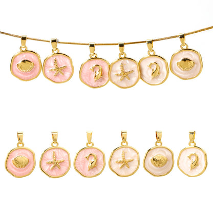 2 PCs Brass Ocean Series Charm Pendant 18K Gold Plated Irregular Enamel Shell Starfish Dolphin For Necklace Making 22mm x 15mm